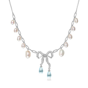 Blue Topaz & Pearl Silver Bow Dangle Necklace - Alice | LOVE BY THE MOON