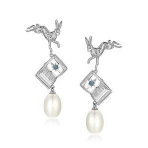 Freshwater Baroque Pearl Silver Leaping Rabbit & Story Book Earrings | LOVE BY THE MOON