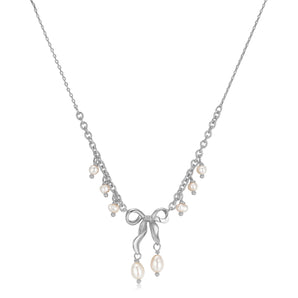 Freshwater Pearl Silver Bow Dangle Necklace - Alice | LOVE BY THE MOON