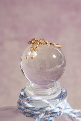 Freshwater Pearl Gold Bow Dangle Ring - Alice | LOVE BY THE MOON