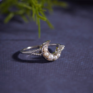 Freshwater Pearl Silver Crescent Moon Ring - Whisper | LOVE BY THE MOON