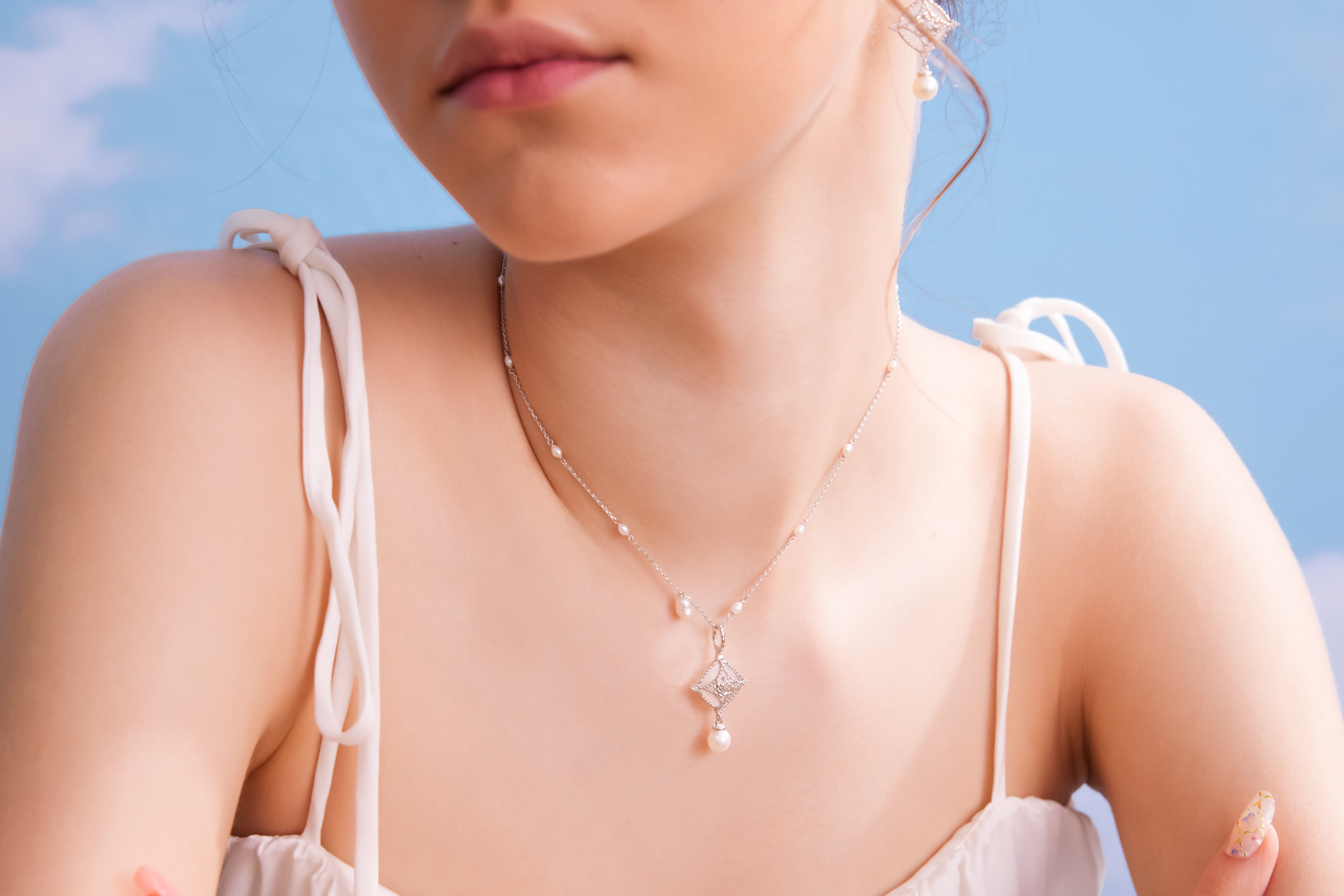Moonstone & Freshwater Pearl Silver Necklace - Water Lily | LOVE BY THE MOON