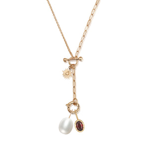 Garnet & Pearl Gold Toggle Lariat Necklace