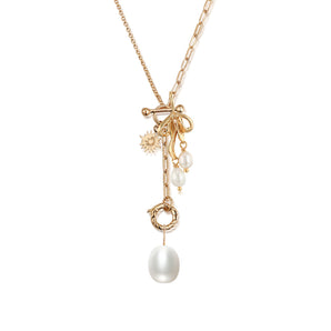 Pearl Gold Ribbon Bow Lariat Necklace