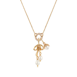 Pearl Gold Ribbon Bow Necklace