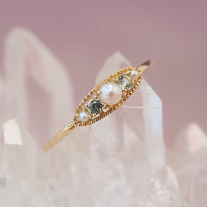 Green Sapphire & Pearl 14K Gold Ring - Victoria | LOVE BY THE MOON
