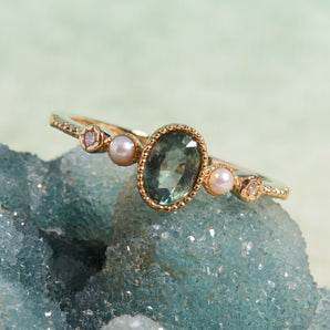 Green Sapphire & Pearl 14K Gold Bezel Set Ring - Elizabeth | LOVE BY THE MOON