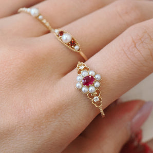 Ruby & Pearl & Diamond 14K Gold Cluster Ring - Georgia | LOVE BY THE MOON