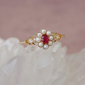 Ruby & Pearl & Diamond 14K Gold Cluster Ring - Georgia | LOVE BY THE MOON