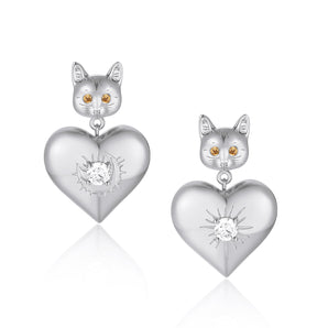 Cynthia x Love by the Moon - CZ Silver Cat & Love Earrings