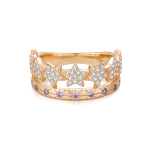 Lavender CZ Gold Star Engraved Ring - Estella