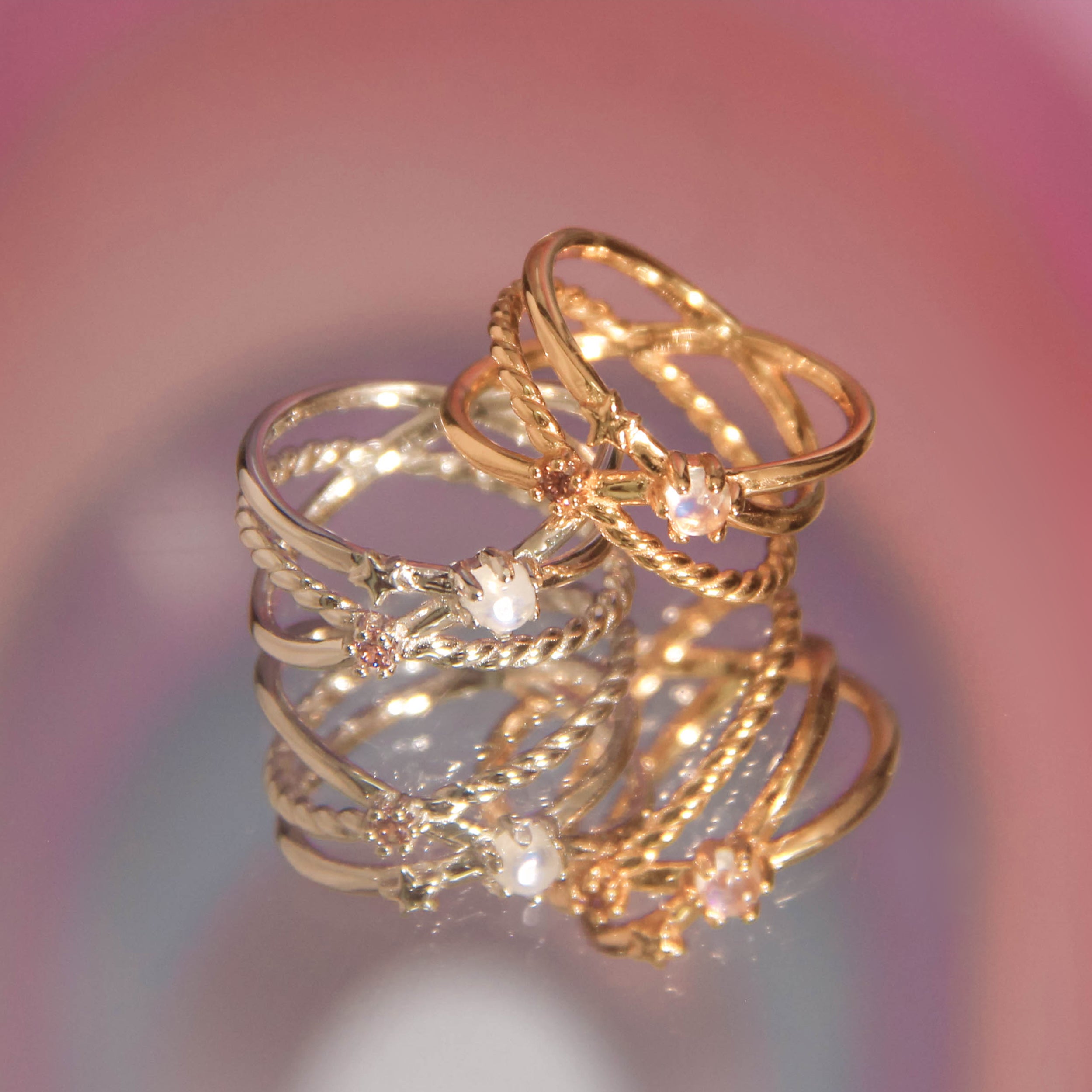 Moonstone & Pink CZ Silver Triple Band Ring - Gravity | LOVE BY THE MOON