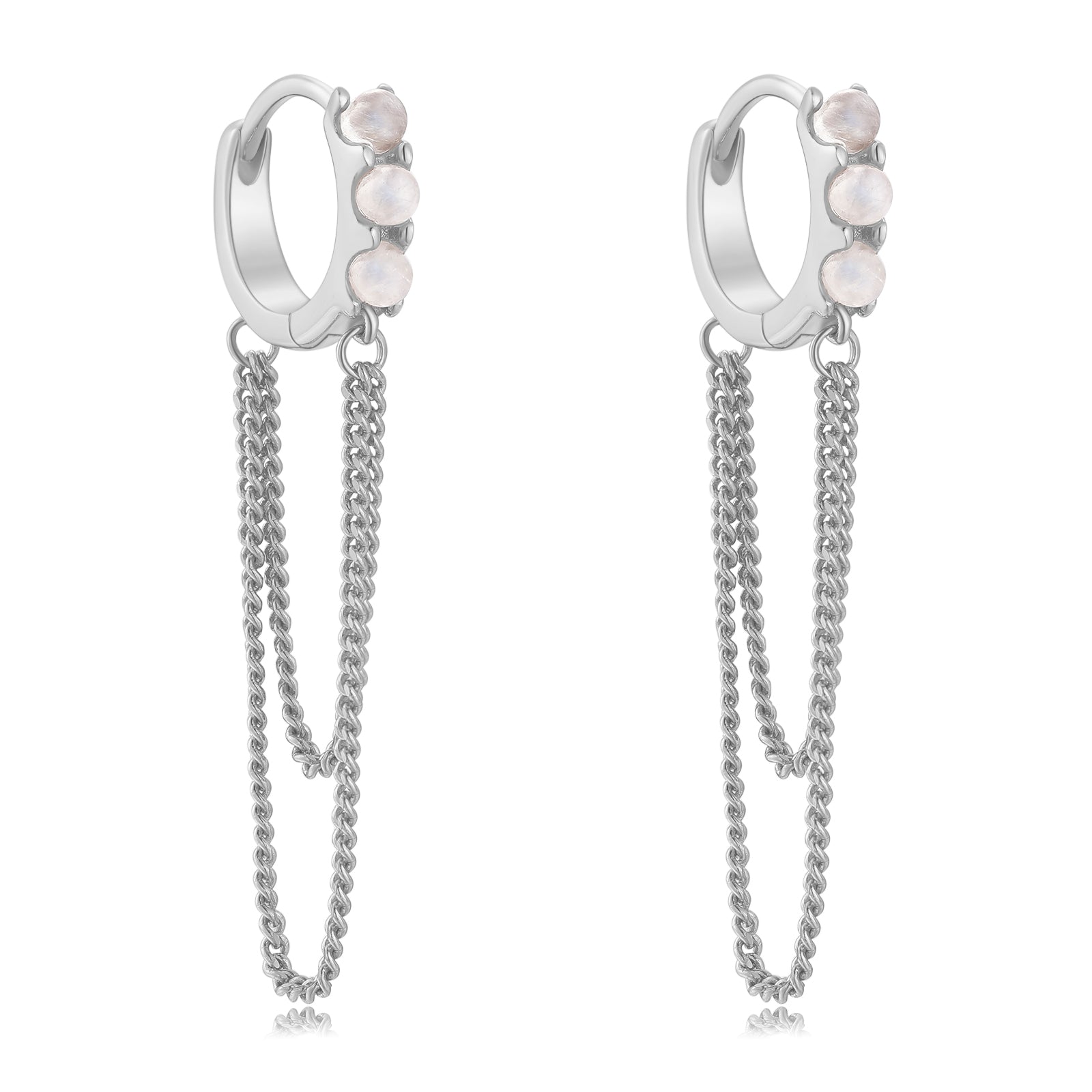 Moonstone Silver Chain Huggie Hoop Earrings | LOVE BY THE MOON