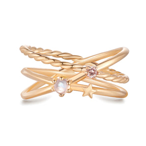 Moonstone & Pink CZ Gold Triple Band Ring - Gravity | LOVE BY THE MOON